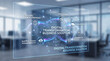 © MYKHAILO KUSHEI - a luminous display highlights digital solutions like supply chain, logistics, and analytics, creating a vision for modern business transformation in a bright office.