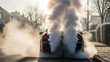© Roy Arifin - Car exhaust fumes billowing out on a cold morning, creating an atmospheric scene with a dark vehicle,Dramatic rear view of a car expelling a huge cloud of smoke, creating a pollution-filled winter day