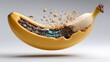 © Nataliia_Trushchenko - A banana with a bunch of small pieces of food inside of it. The banana is sliced open and the inside is filled with a variety of food items. The image is a creative