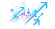 © ImageFlow - Blue and red candlestick chart with glowing arrows and forex data on white background, abstract illustration of financial growth and business market trend