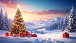 © punyapob - Merry Christmas and realistic background with 3d Christmas tree and gifts, layout with copy space concept