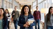 © ON - Studio - Smiling Latina college student holding books in a modern university hallway. Happy young Hispanic woman standing on campus with diverse students in the background. Academic success concept