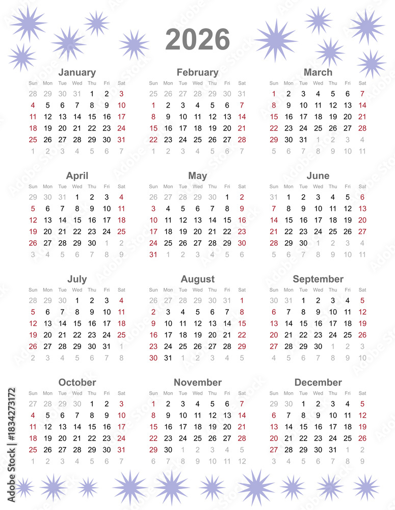 Calendar vector template for 2026 year. Week Starts on Sunday ...