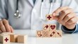 © Hamzah - Compassionate doctor building health concept with modern wooden blocks offering care, wellness, and prevention for a long and happy life