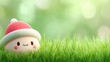 © NingPhattraphorn - A cute mushroom character wearing a Santa hat peeks out from lush green grass, creating a whimsical and festive atmosphere, Christmas background with doodles