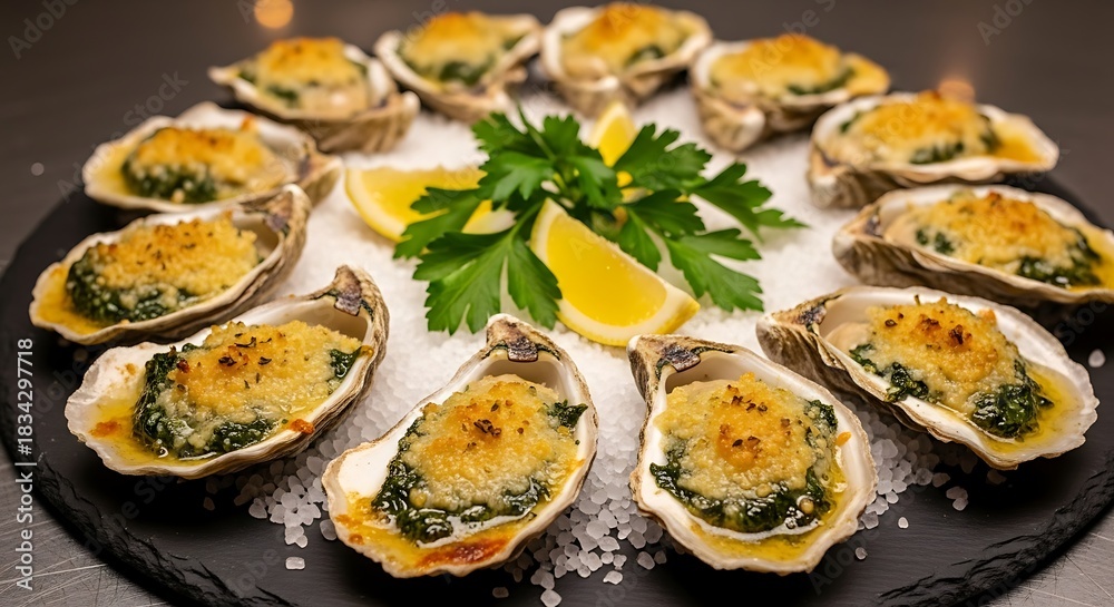 Gourmet Baked Oysters Rockefeller Served on a Bed of Rock Salt with ...