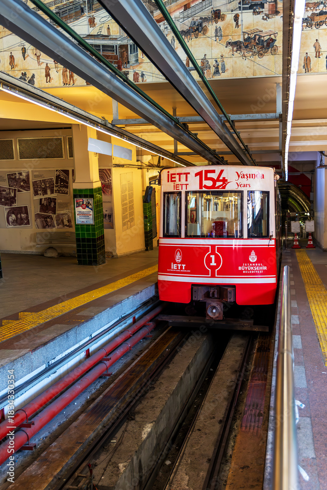 Turkey Funicular Istanbul, Turkey, November 23, 2025: Tunnel: an underground funicular ...