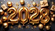 © afif - Golden foil balloons spelling out the year 2028, surrounded by festive gold ornaments, stars, and gift boxes, celebrating a new year.