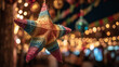 © Екатерина Чумаченко - Colorful star pinata hanging from a decorated ceiling with lights, creating a festive ambiance, celebrating cultural traditions in a vibrant setting.