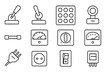 © SanyBRZ - Control Panel Icons. Line style icons of control panels: lever, toggle, button grid, pilot lamp; fuse, gauge, rotary knob, meter;
