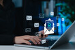 © Sandwish - Verified email communication and digital messaging concept, showing a woman using laptop with multiple email icons and a confirmed email symbol, representing secure mail delivery and inbox management