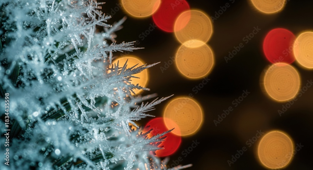 Makroaufnahme von Eiskristallen auf Pflanze mit unscharfem Lichter-Bokeh
