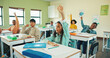 © peopleimages.com - Education, raised hands and answer with children in classroom for student opinion, quiz discussion and attention. Course guidance, question and problem solving solution with kids in school for lesson