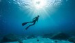 © Mr. Stocker - Freediver in a black wetsuit and fins swims gracefully in the deep blue ocean, illuminated by beautiful sun rays from the surface with a school of fish swimming over the seabed