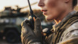 © rifqi - Close-up of a female soldier in camouflage uniform communicating via walkie-talkie with a military vehicle in the background.