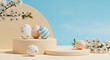 © Ahmed - Chic pastel Easter egg arrangement on stylish plinths surrounded by blooming branches, capturing the essence of spring holidays and new beginnings