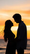 © Curioso.Photography - Romantic couple standing close together in silhouette at sunset.