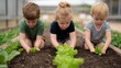 © Nitchalee N. - Summer happy children, Three children are gardening, planting lettuce in a soil bed, demonstrating teamwork and learning about nature.