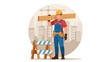 © John - Vector illustration of a male construction worker in a hard hat carrying a wooden plank at a building site with a city skyline background