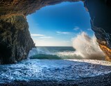 dramatic ocean wave crashing against rocky cave entrance showcasing nature s power and beauty