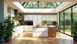 © Vadym - Bright modern kitchen features white cabinets, wood island, many green plants. Sunlight streams through large skylight, glass doors to garden. Clean, spacious room connects inside home with outdoor