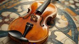 A detailed close-up showcases an antique violin with rich wood grain and gleaming strings. The instrument rests on a patterned surface, highlighting its craftsmanship and beauty.