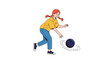 © Mitchell - Young girl with braided pigtails concentrating as she throws a spinning bowling ball in a fun and dynamic cartoon illustration.