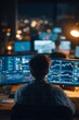 © dex - Male trader analyzing financial charts on multiple screens at night