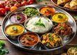 © Naowarat - A vibrant Indian Thali platter showcases a colorful medley of rich curries, fluffy basmati rice, and an assortment of steamed vegetables