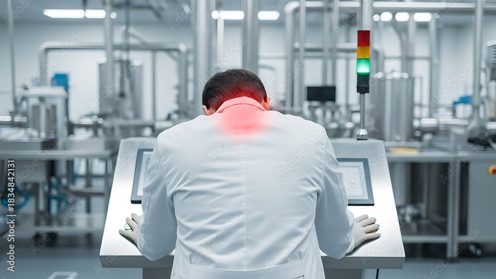 Professional with neck pain at control panel in clean industrial facility, symbolizing workplace stress and discomfort.