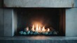 © CYBERPINK - Close-up of a fireplace with a fire burning inside. the fireplace is made of concrete and has a rectangular shape with a flat base. the fire is burning brightly with orange and yellow flames.