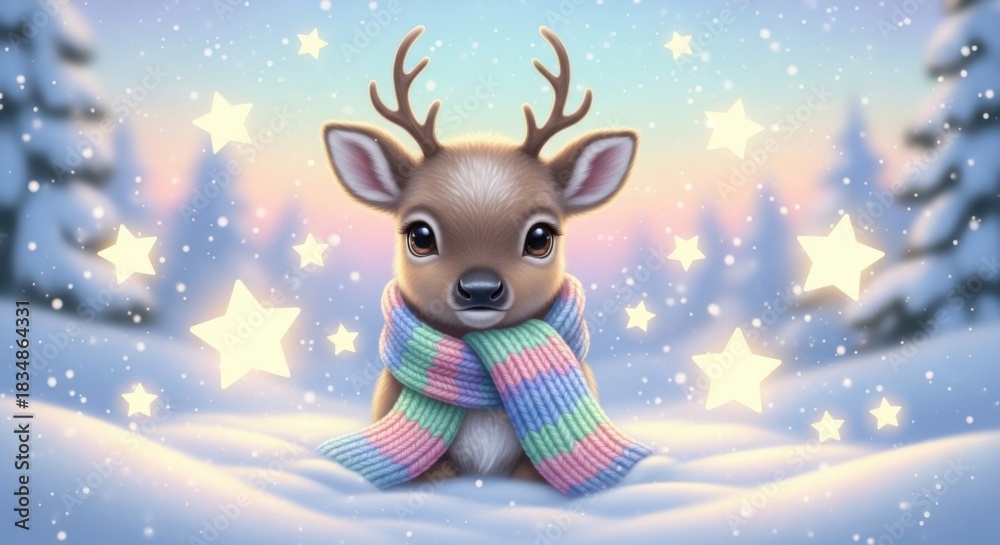 Adorable baby reindeer wearing a colorful striped scarf sits in a snowy forest with twinkling star lights and soft bokeh background