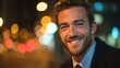 © WS Studio 1985 - Radiant Smile Amidst City Lights: A captivating portrait of a man with a genuine smile, the soft glow of city lights creating a captivating backdrop. Capturing positive vibes.