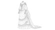 © Bahan - Detailed line art illustration of a sophisticated Victorian era gown design draft