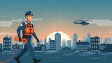 Urban Flood Rescue A Lifeguard's Heroic Walk Amidst Rising Waters