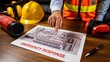 © I&Y - Emergency response plan with safety gear and industrial risk diagram on table