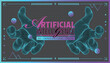 © fishyo - Artificial Intelligence AI innovation banner with cyan wireframe hands and neon typography in trendy Acid Graphics Y2K style. Futuristic cyberpunk 3D mesh background for digital technology concept