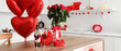 © Pixel-Shot - Interior of festive kitchen with wooden island table and decorations for Valentine's Day celebration
