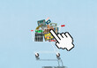 © fStop - Pointing hand cursor hovering over shopping cart full of toys against blue background