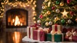 © Ayush - A cozy christmas scene with a decorated tree, presents, and a warm fireplace, creating a festive and inviting atmosphere for the holiday season