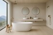 © diproduction - Minimalist beige bathroom interior with modern freestanding tub, twin sinks, and brass fixtures in natural light with mountain view window concept. Ai generative