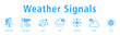 © hans_ts - Weather Signals web banner icon vector illustration with icons of Weathercock, Wind Speed, Wind, Rain, Snowflake, Cloudy, and Sunny.