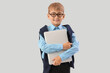 © Pixel-Shot - Little schoolboy with laptop on light background