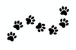 © Mandeep - Black animal paw prints tracing a fluid, winding path across a clear white background, symbolizing the tracking and journey of a happy domestic dog or cat pet, useful graphic resource for adoption, ve