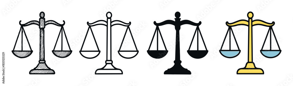 Scales of justice icon set with four different styles including doodle ...