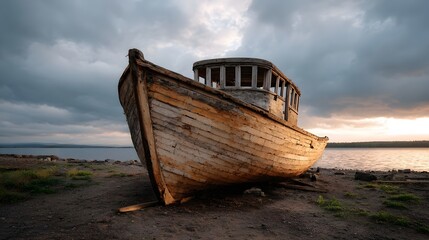  An abandoned wooden boat rests on a shore beneath a dramatic cloudy sky catching the soft light of a setting sun