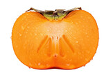 Half cut persimmon fruit slice with water droplets, fresh kaki fruit, healthy food, vitamin rich, isolated on transparent background