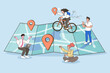 © 365 days studio - People using a giant map with location pins for navigation. A concept of smart travel direction, GPS tracking technology, finding local places, and exploring city destination routes.