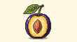 © Zia - A detailed pixel art illustration of a ripe purple plum cut in half to show the yellow flesh and stone inside.