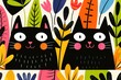 © Heart in pictures - Two cartoon cats sit among colorful flowers and leaves in a playful setting with bright colors showing a lively atmosphere